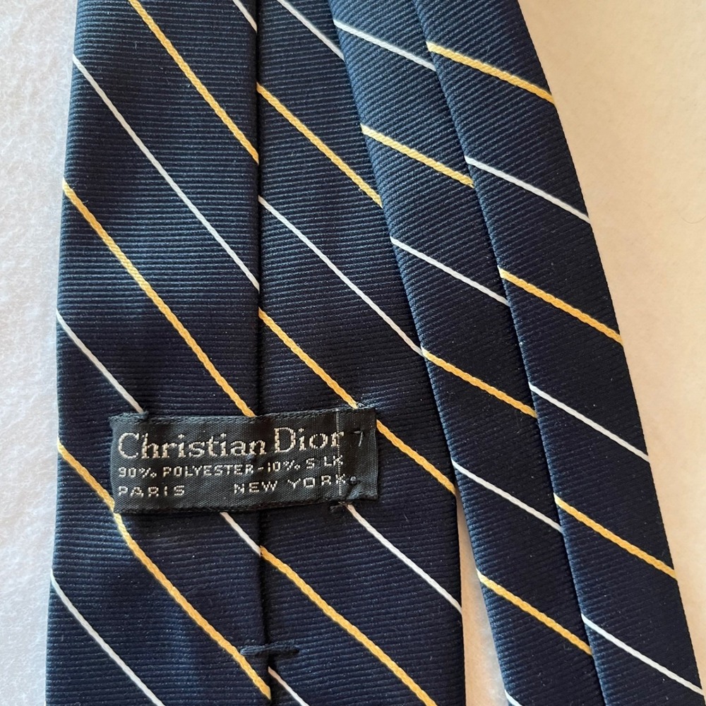 Christian Dior Monsieur Mens Navy Blue Gold White Striped Silk Blend Necktie - Picture 3 of 3